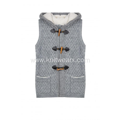 Women's Knitted Button Lined Hoodie Pocket Vest Cardigan